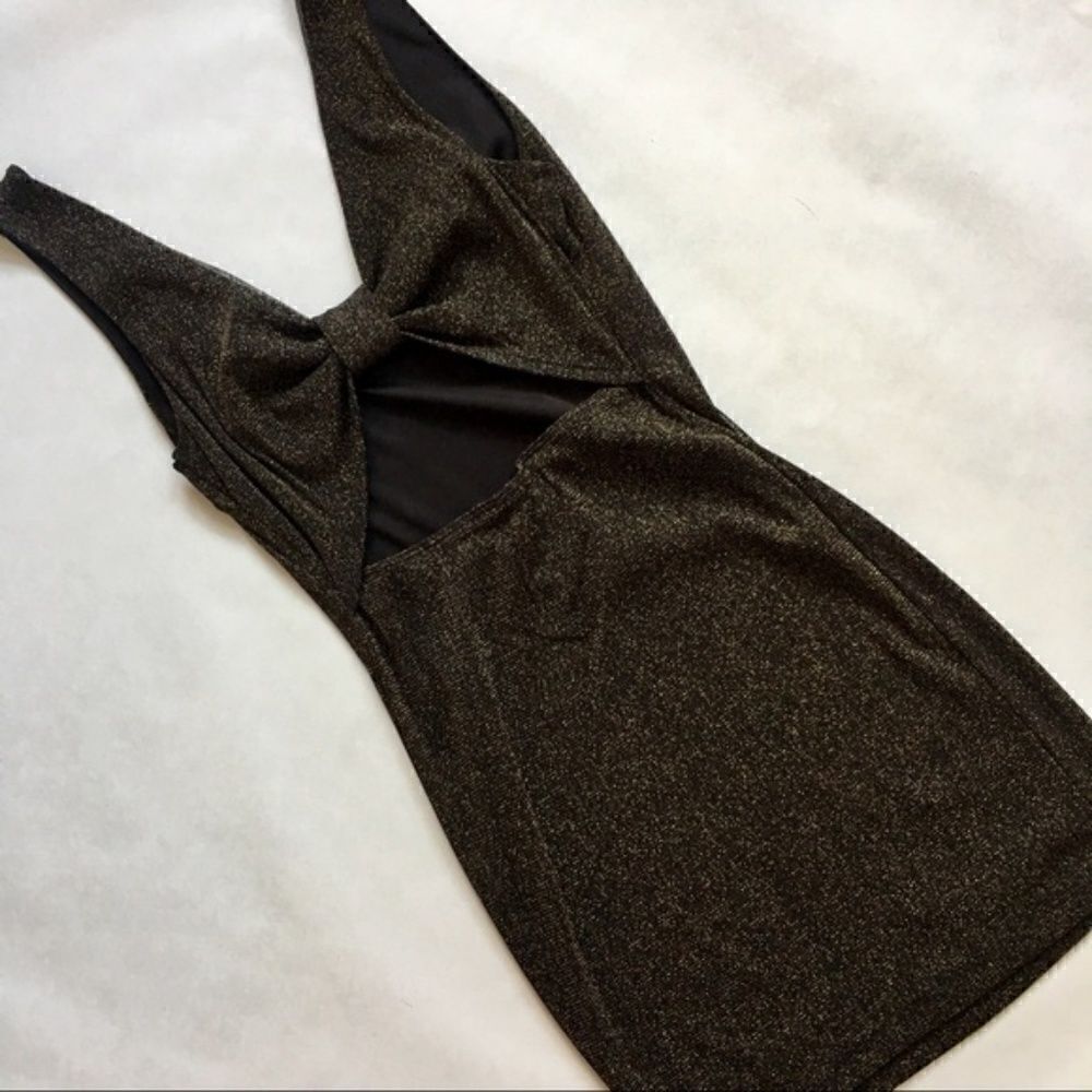 Short Black Gold Mini Dress Open Back XS - Picture 6 of 8